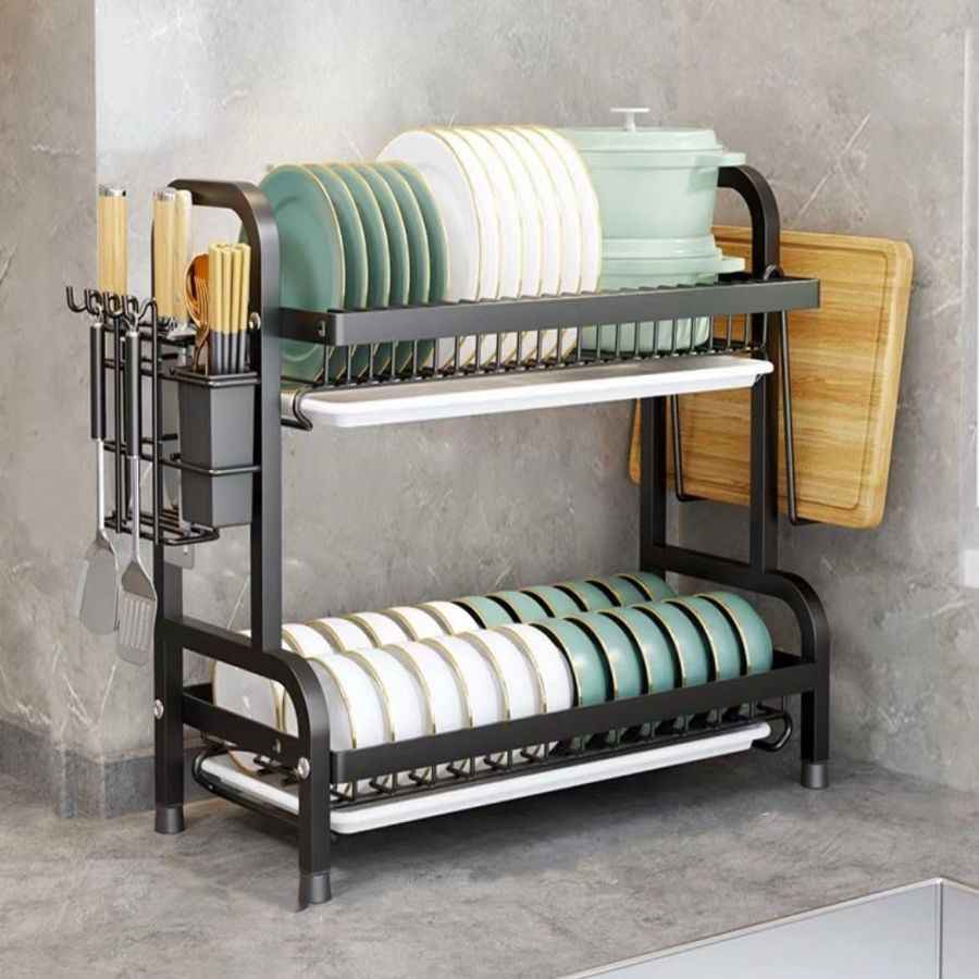 IAGREEA Double deck kitchen cutlery drying rack, 27-inch dish rack with interchangeable accessories, large kitchen plate rack counter organizer space saving, black